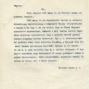 Gottlieb Ignác bejelentése a PIH Jogsegítő Irodáján. 1920. május 14. (Forrás: MZSL) 
